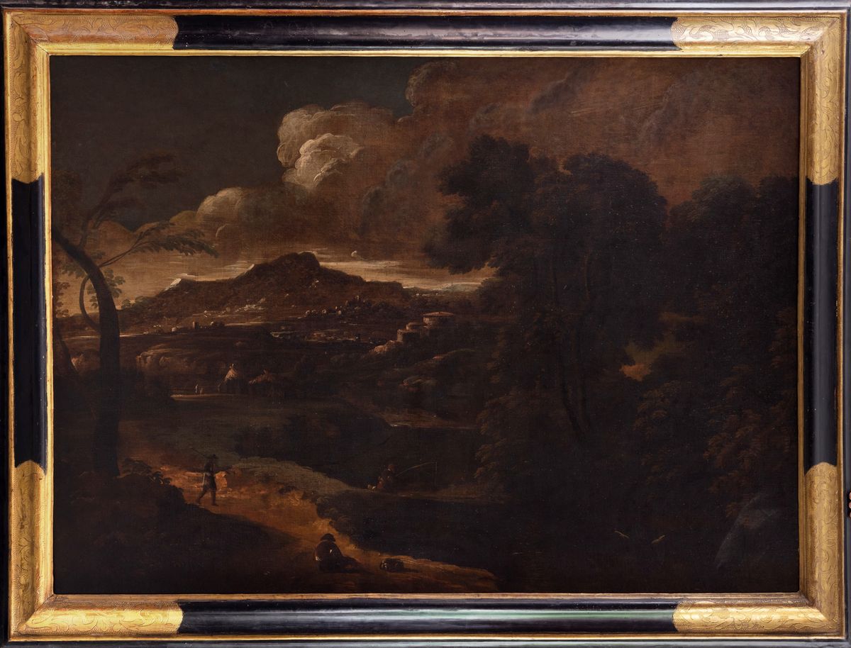 Cerchia di Gaspard Dughet (roma 1615 - 1675) - Paesaggio Fluviale con Pescatori, Astanti e Borgo ...