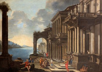 Capriccio Architettonico con Veduta Costiera e Figure