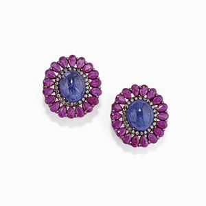 A 18K gold, silver, ruby, diamond and tanzanite earclips