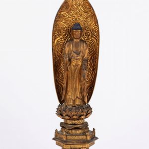 Scultura in legno raffigurante Buddha assiso, in posizione di vitarka mudra. Giappone, fine secolo XIX (difetti e restauri)