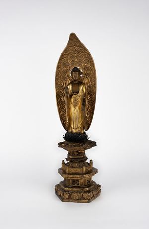 Scultura in legno raffigurante Buddha assiso. Giappone, fine secolo XIX 