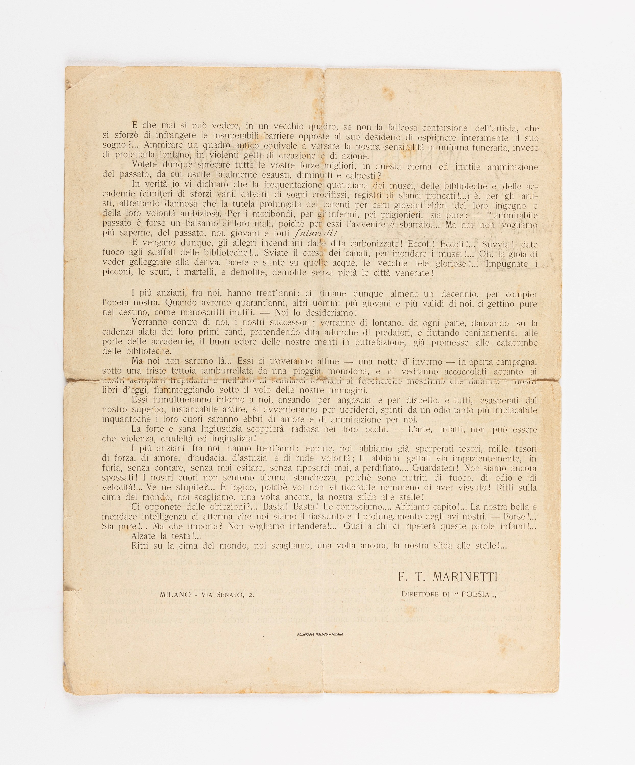 Filippo Tommaso Marinetti (rif.) - Fondazione e Manifesto del Futurismo, 1909, cm 29 x 23