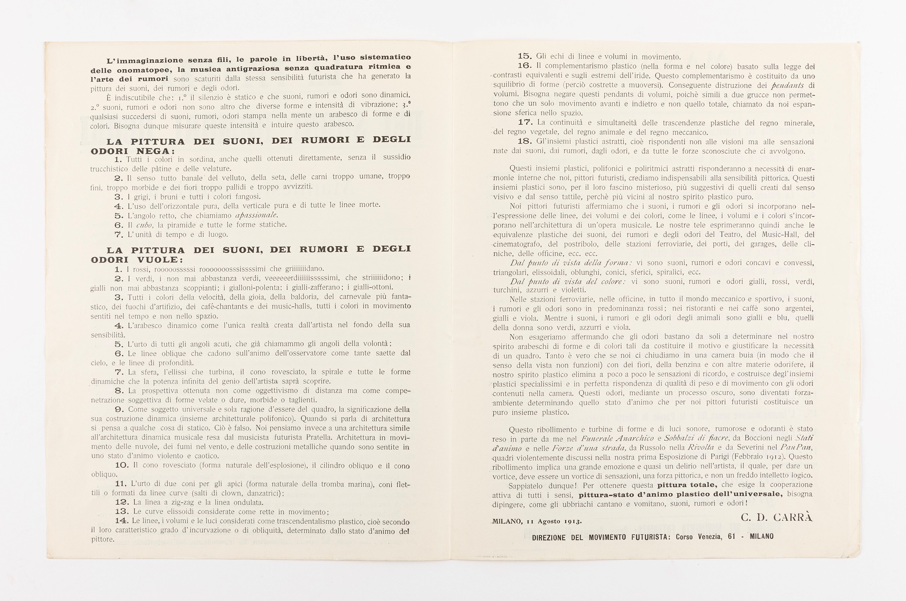 Carlo Dalmazzo Carrà (rif.) - La pittura dei Suoni, Rumori, Odori - Manifesto Futurista (1913)