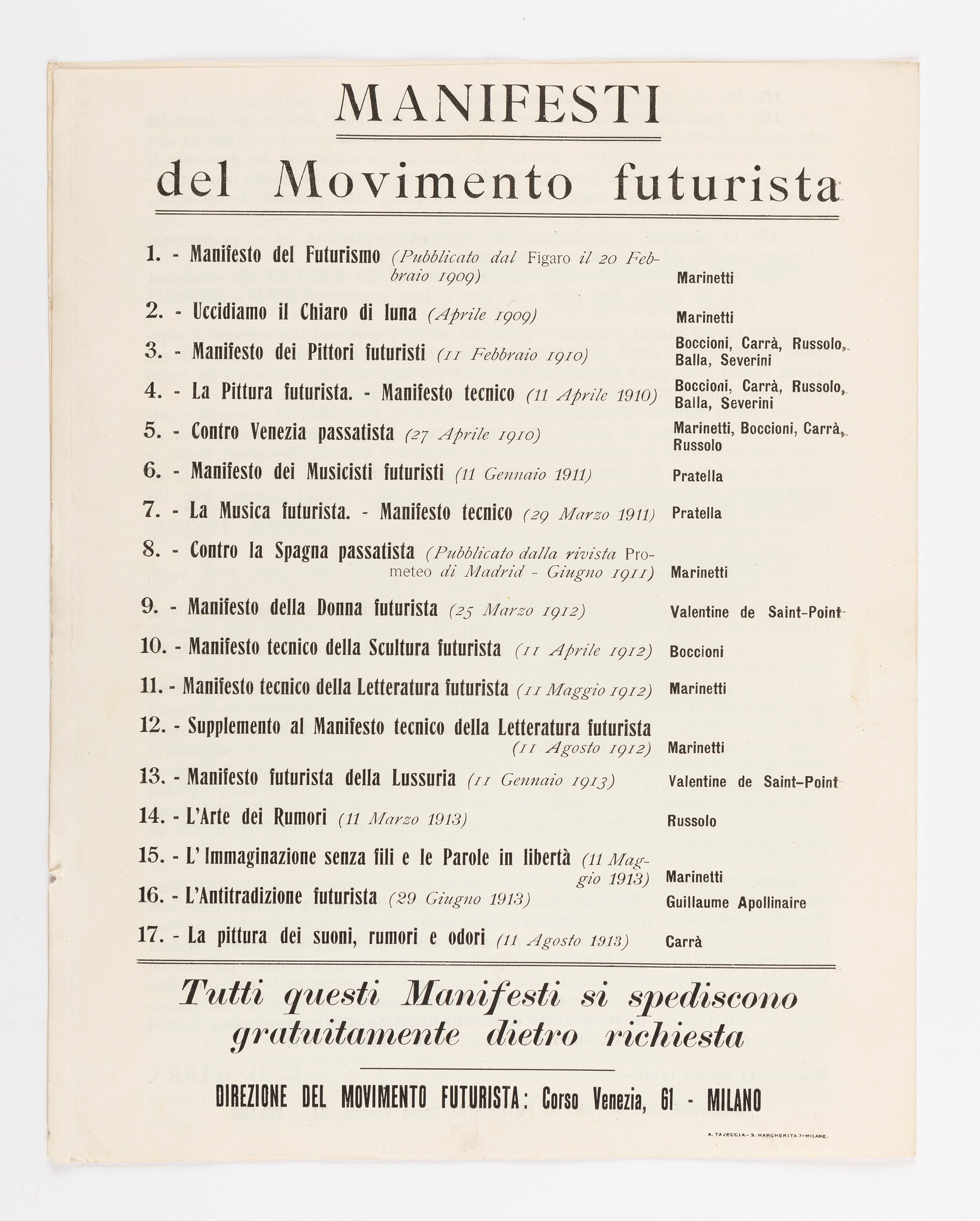 Carlo Dalmazzo Carrà (rif.) - La pittura dei Suoni, Rumori, Odori - Manifesto Futurista (1913)