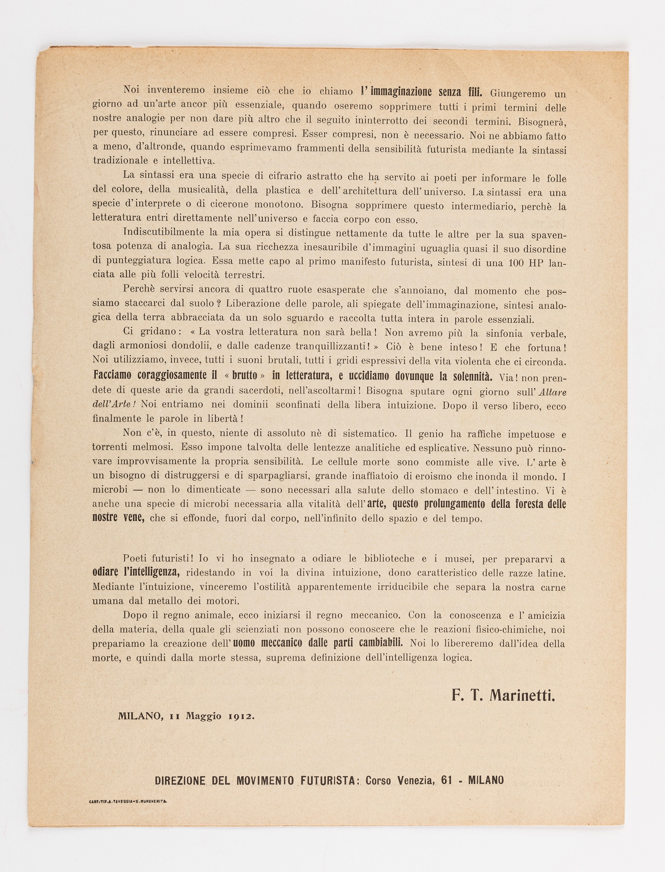 Filippo Tommaso Marinetti - Manifesto Tecnico della Letteratura Futurista, 1912
