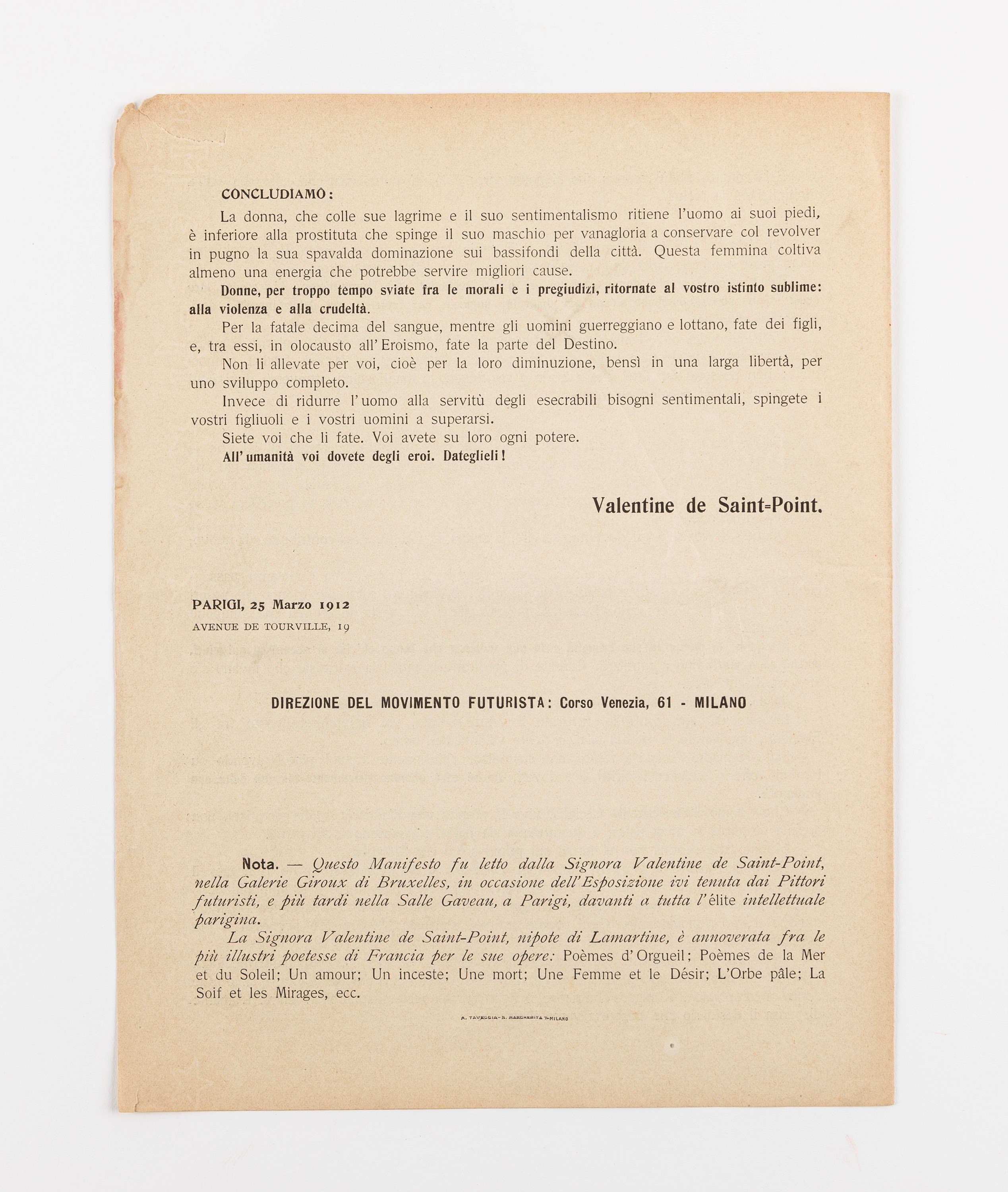 Valentine De Saint-point (rif.) - Manifesto della Donna Futurista, 1912, tecnica mista