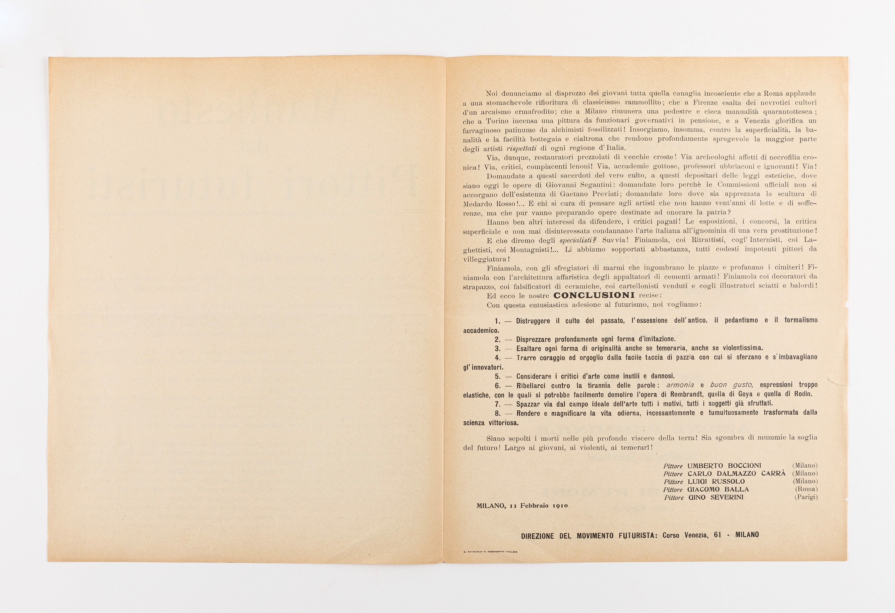 Manifesto dei Pittori Futuristi, 1910, cm 29 x 23