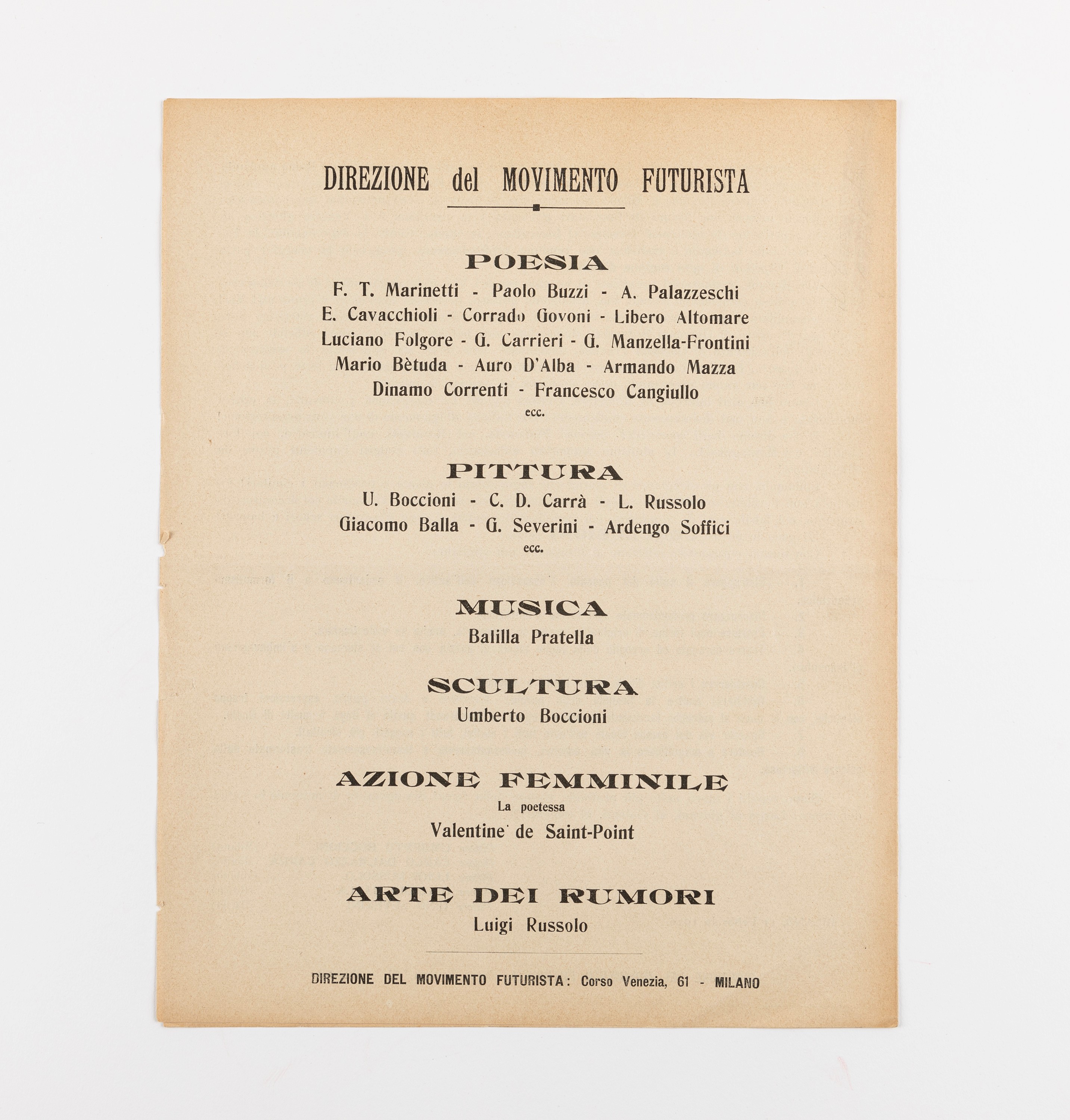 Manifesto dei Pittori Futuristi, 1910, cm 29 x 23