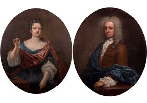 Half-length portrait of a gentlewoman with brooch in hand; and Half-length portrait of a gentleman near a table