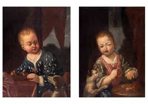 Portrait of a boy with a small dog; and Portrait of a Girl with a Cat, en pendant