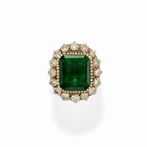 A 18k yellow gold, silver, green stone and diamond ring