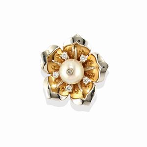 A 18k two-color gold, cultured pearl and diamond brooch