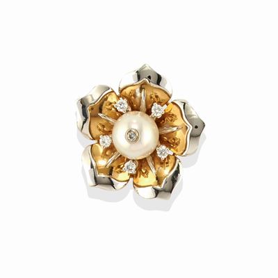 Spilla in oro bicolore 18k con perla e diamanti