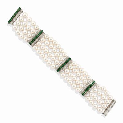 Bracciale con perle coltivate, smeraldi e diamanti in oro bicolore 18k