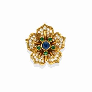 A 14k yellow gold, sapphire, emerald and diamond brooch