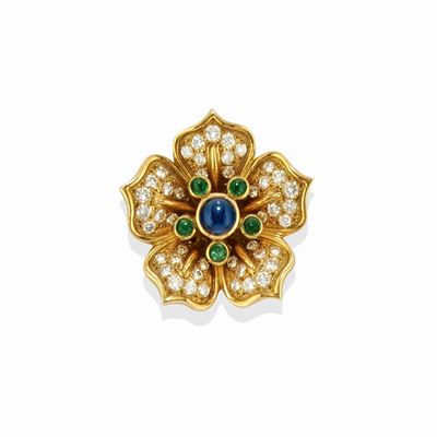 Spilla in oro giallo 14k a forma di fiore con zaffiri, smeraldi e diamanti