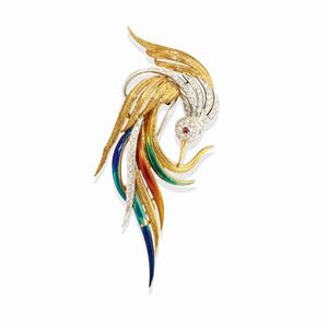 A 18k two-color gold, diamond and enamel brooch, defects