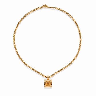 Collana in oro giallo 18k con pendente in quarzo citrino e motivi a cuore in diamanti